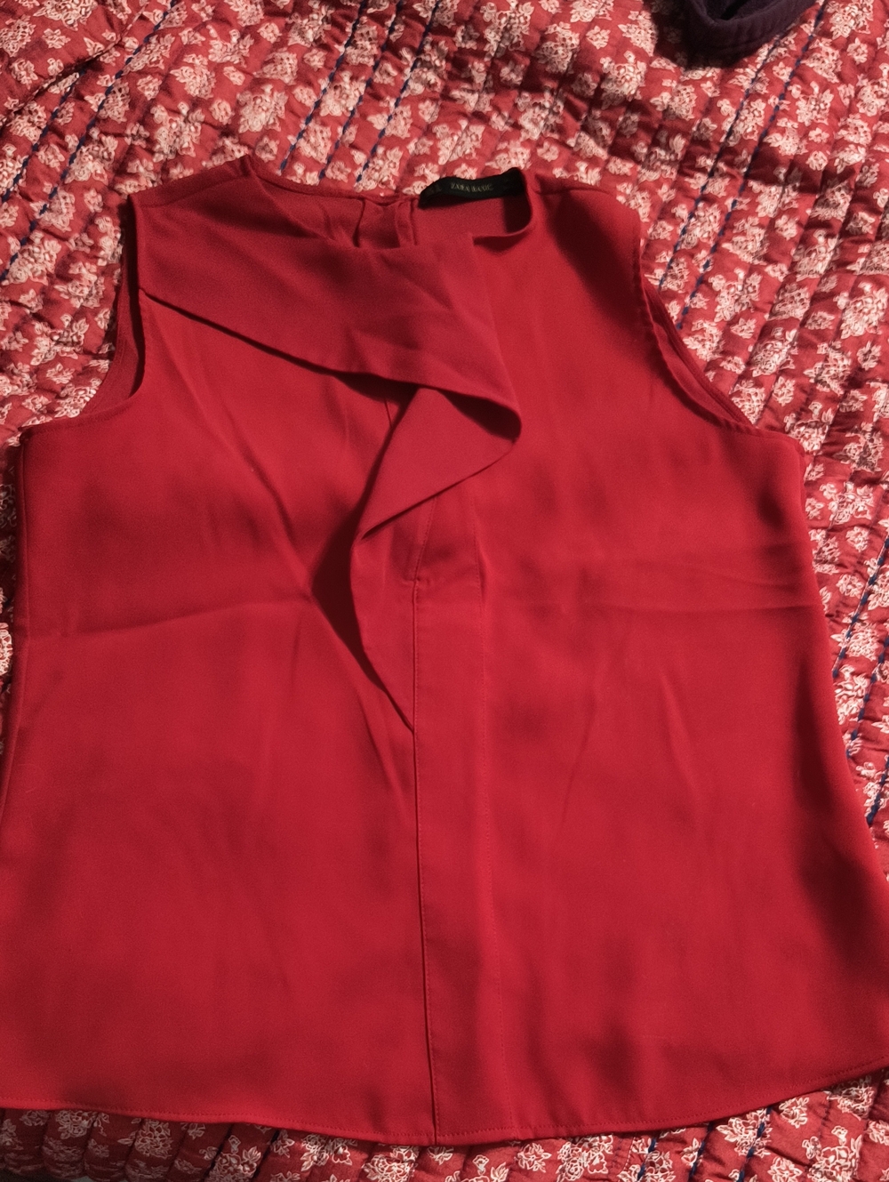 Zara Basics Red Sleeveless Ruffle-Front Top
